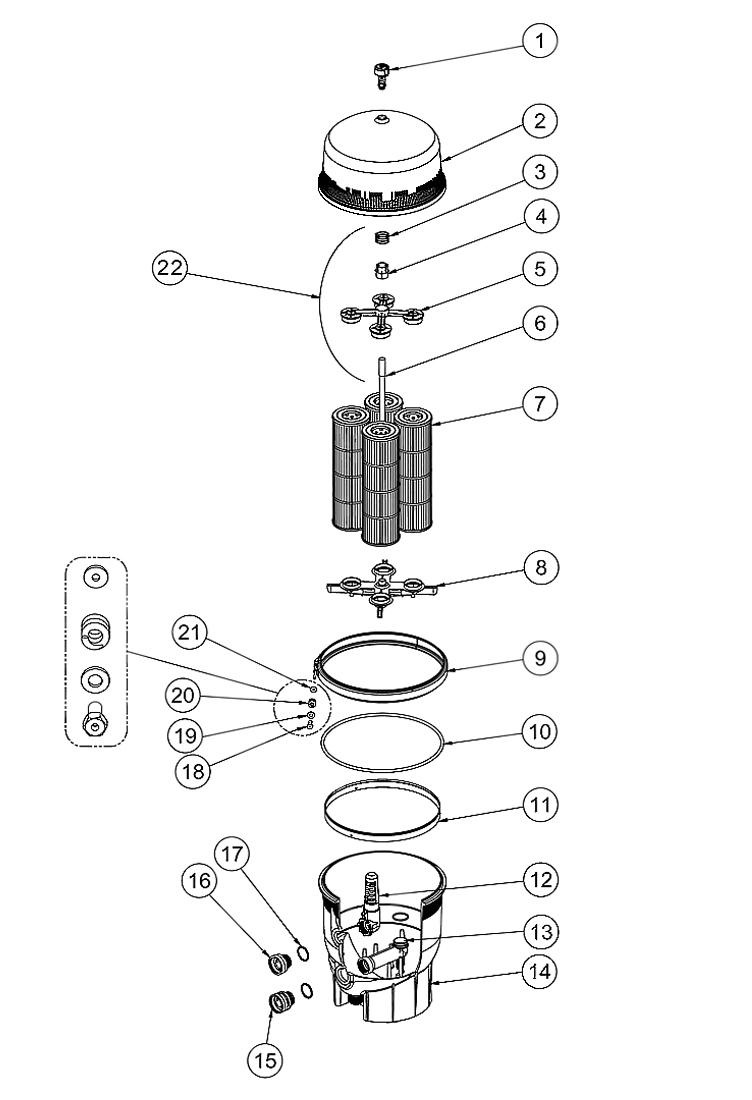 Pentair Quad DE Hight Flow Filter | 100 Sq Ft | 160 GPM | EC-188594 Parts Schematic